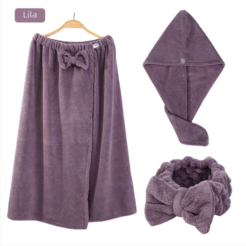 Set de baie din fleece coral, format din trei piese, cu șapcă de uscare a părului și bandă pentru păr cu funda, absorbant 0-5 s, 400 g, seria Underwater Story