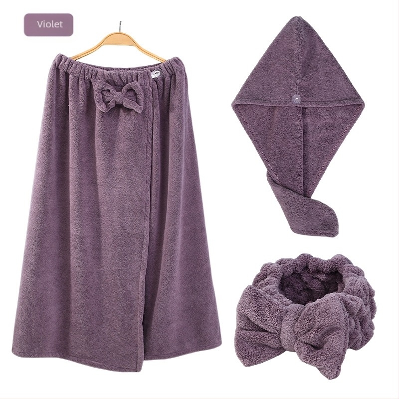 Set de baie din fleece coral, format din trei piese, cu șapcă de uscare a părului și bandă pentru păr cu funda, absorbant 0-5 s, 400 g, seria Underwater Story