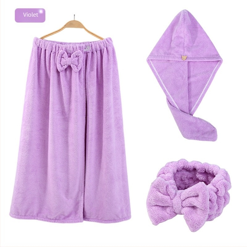 Set de baie din fleece coral, format din trei piese, cu șapcă de uscare a părului și bandă pentru păr cu funda, absorbant 0-5 s, 400 g, seria Underwater Story