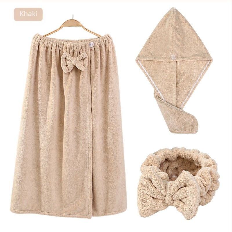 Set de baie din fleece coral, format din trei piese, cu șapcă de uscare a părului și bandă pentru păr cu funda, absorbant 0-5 s, 400 g, seria Underwater Story