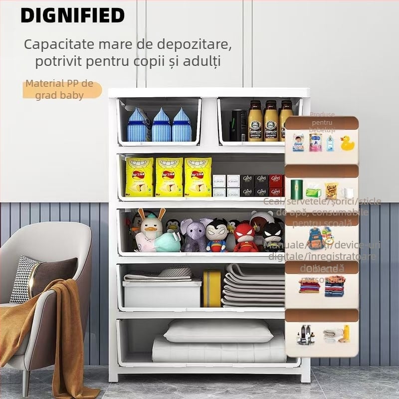 Dulap de depozitare din plastic, stil desen animat, model 50115, tip podea, organizator multifuncțional pentru pantofi, jucării, rechizite