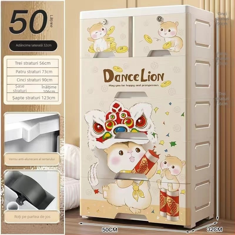 Dulap de depozitare din plastic, stil desen animat, model 50115, tip podea, organizator multifuncțional pentru pantofi, jucării, rechizite