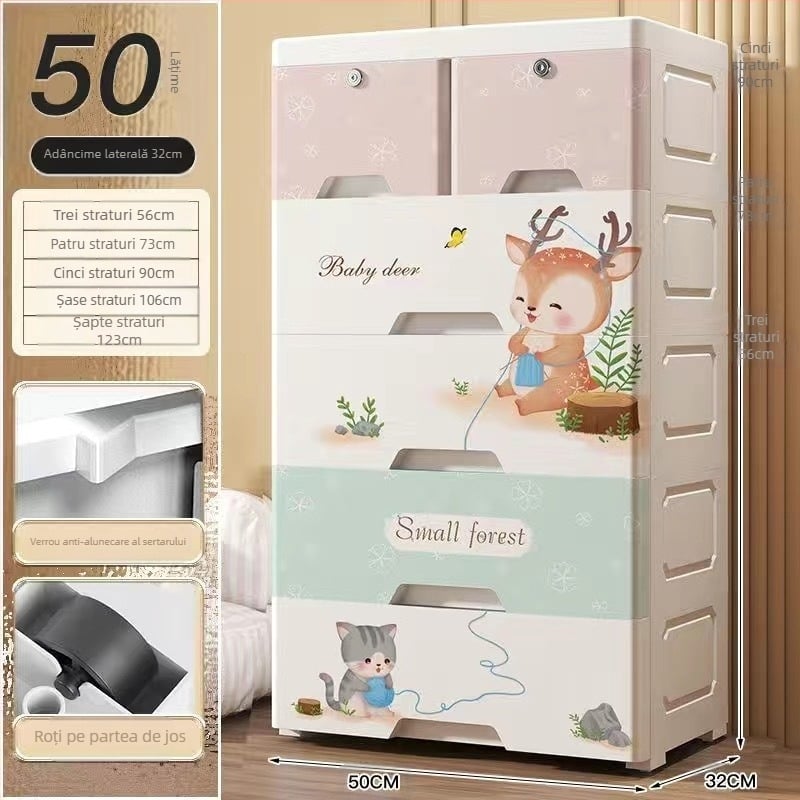 Dulap de depozitare din plastic, stil desen animat, model 50115, tip podea, organizator multifuncțional pentru pantofi, jucării, rechizite