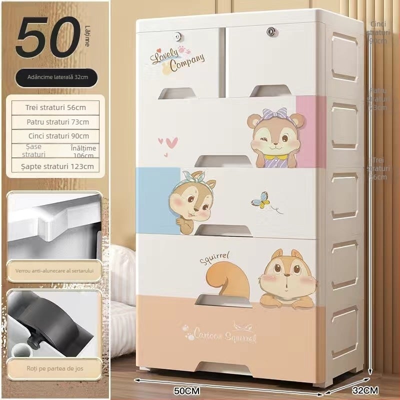 Dulap de depozitare din plastic, stil desen animat, model 50115, tip podea, organizator multifuncțional pentru pantofi, jucării, rechizite