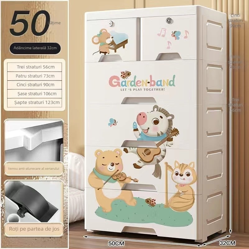 Dulap de depozitare din plastic, stil desen animat, model 50115, tip podea, organizator multifuncțional pentru pantofi, jucării, rechizite