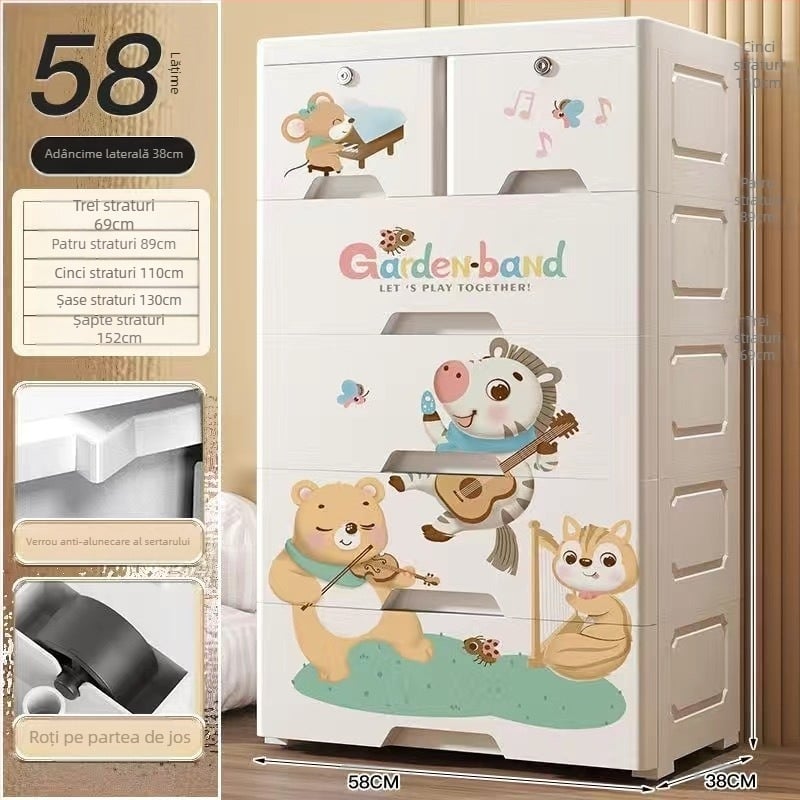 Dulap de depozitare din plastic, stil desen animat, model 50115, tip podea, organizator multifuncțional pentru pantofi, jucării, rechizite