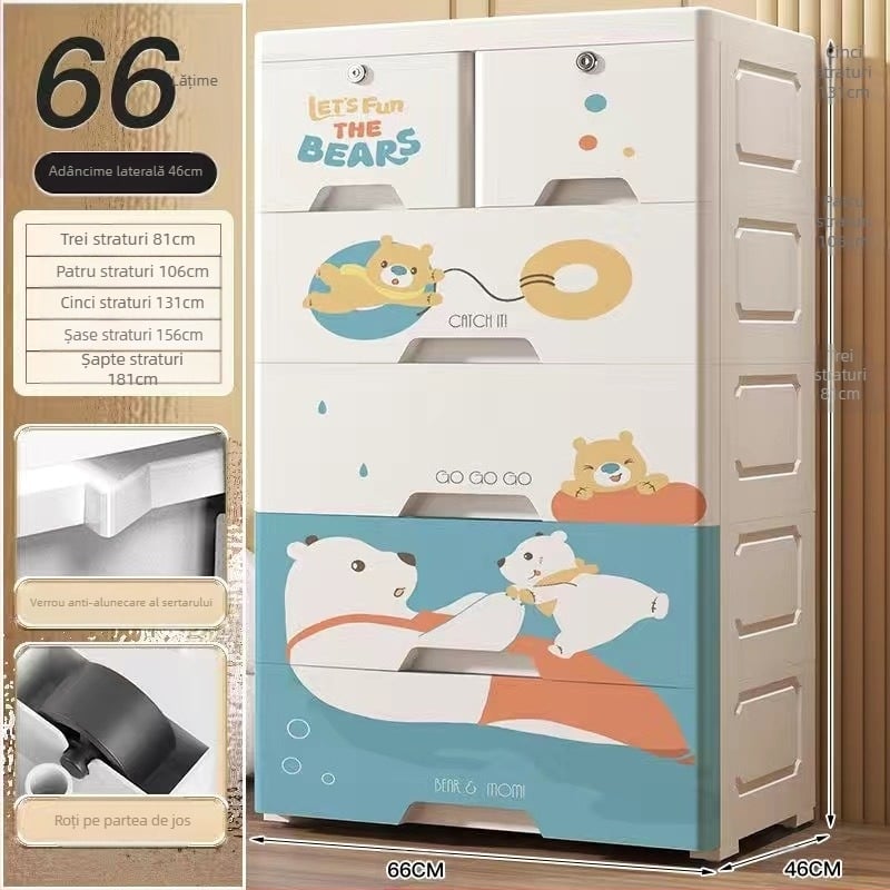 Dulap de depozitare din plastic, stil desen animat, model 50115, tip podea, organizator multifuncțional pentru pantofi, jucării, rechizite