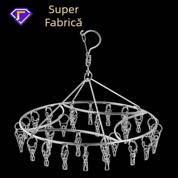 Uscător de haine din oțel inoxidabil, cu 48 cleme, design rotund pliabil, pentru șosete și lenjerie, potrivit pentru balcon.