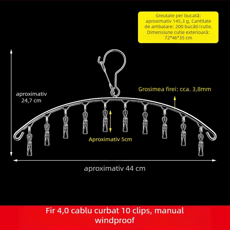 Uscător de haine din oțel inoxidabil, cu 48 cleme, design rotund pliabil, pentru șosete și lenjerie, potrivit pentru balcon.