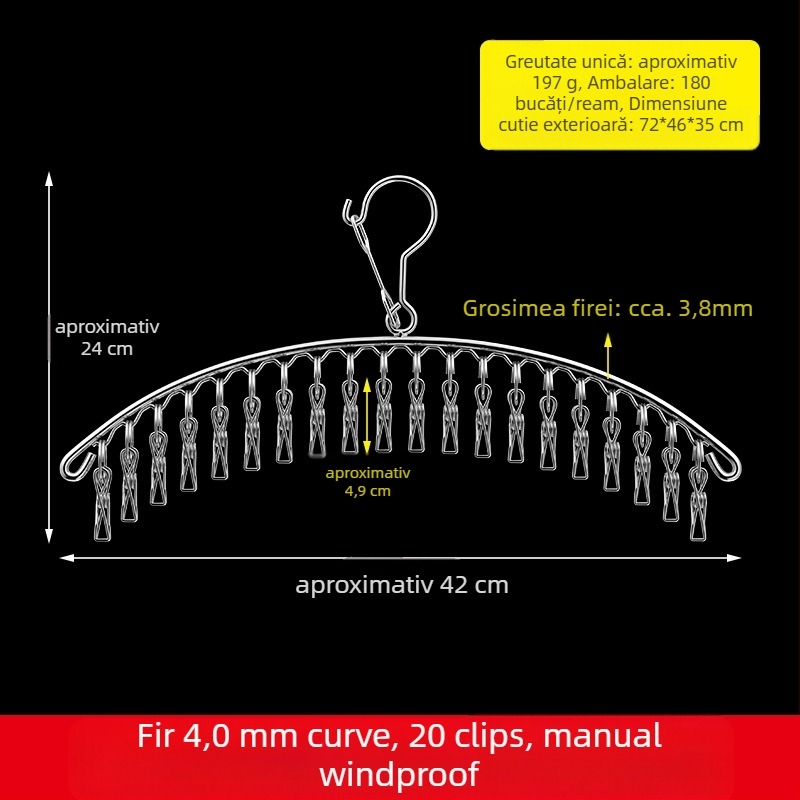 Uscător de haine din oțel inoxidabil, cu 48 cleme, design rotund pliabil, pentru șosete și lenjerie, potrivit pentru balcon.