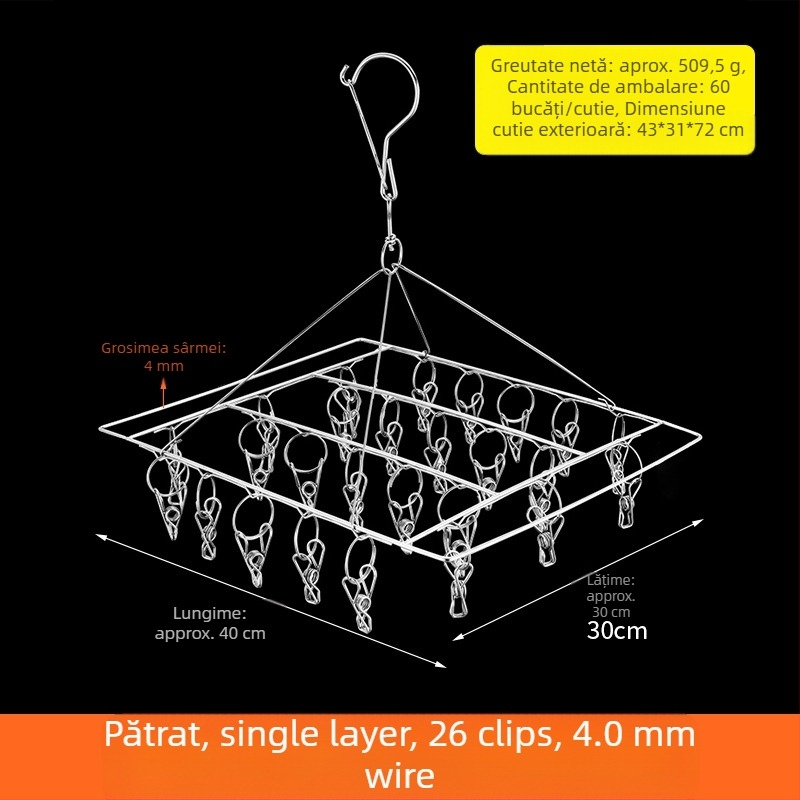 Uscător de haine din oțel inoxidabil, cu 48 cleme, design rotund pliabil, pentru șosete și lenjerie, potrivit pentru balcon.