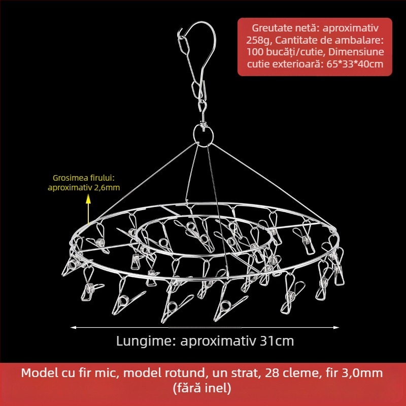 Uscător de haine din oțel inoxidabil, cu 48 cleme, design rotund pliabil, pentru șosete și lenjerie, potrivit pentru balcon.