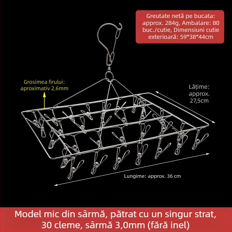 Uscător de haine din oțel inoxidabil, cu 48 cleme, design rotund pliabil, pentru șosete și lenjerie, potrivit pentru balcon.