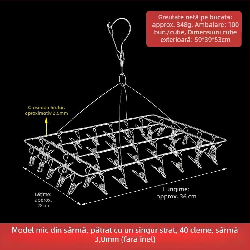 Uscător de haine din oțel inoxidabil, cu 48 cleme, design rotund pliabil, pentru șosete și lenjerie, potrivit pentru balcon.