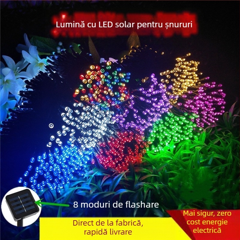 Şir LED solare pentru exterior - 100 LED, 12V, IP44, 3200K, alimentare solară