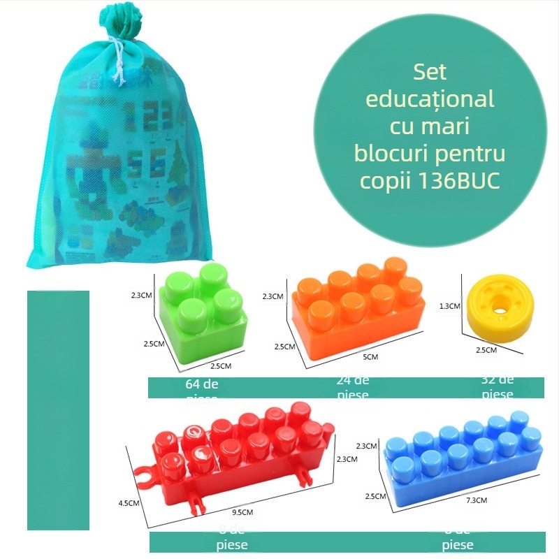 DIY blocuri mari din plastic pentru copii – blocuri educaționale pentru învățarea timpurie, 100–200 piese, plastic PP, ambalare în butoi, certificare 3C 2018012203132584