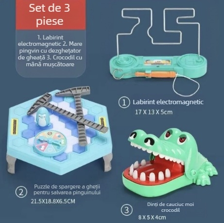Joc de familie interactiv pentru copii: Salvarea pinguinului și lovirea gheții — din plastic; dezvoltă abilități vizuale și intelectuale, coordonare mână-ochi; interacțiune părinte-copil; pentru vârste 4-6, 7-14 și 15-35.