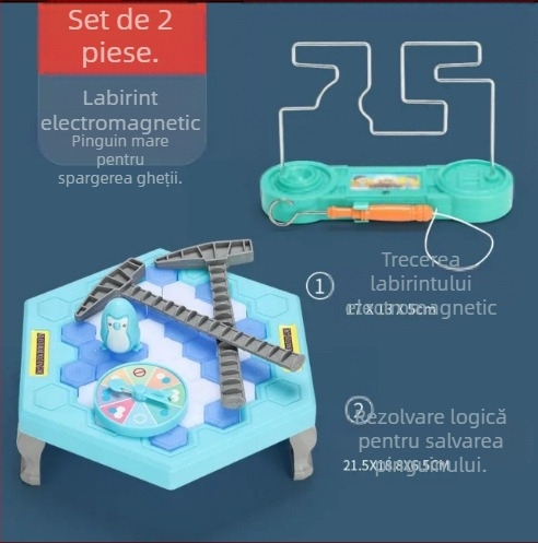Joc de familie interactiv pentru copii: Salvarea pinguinului și lovirea gheții — din plastic; dezvoltă abilități vizuale și intelectuale, coordonare mână-ochi; interacțiune părinte-copil; pentru vârste 4-6, 7-14 și 15-35.
