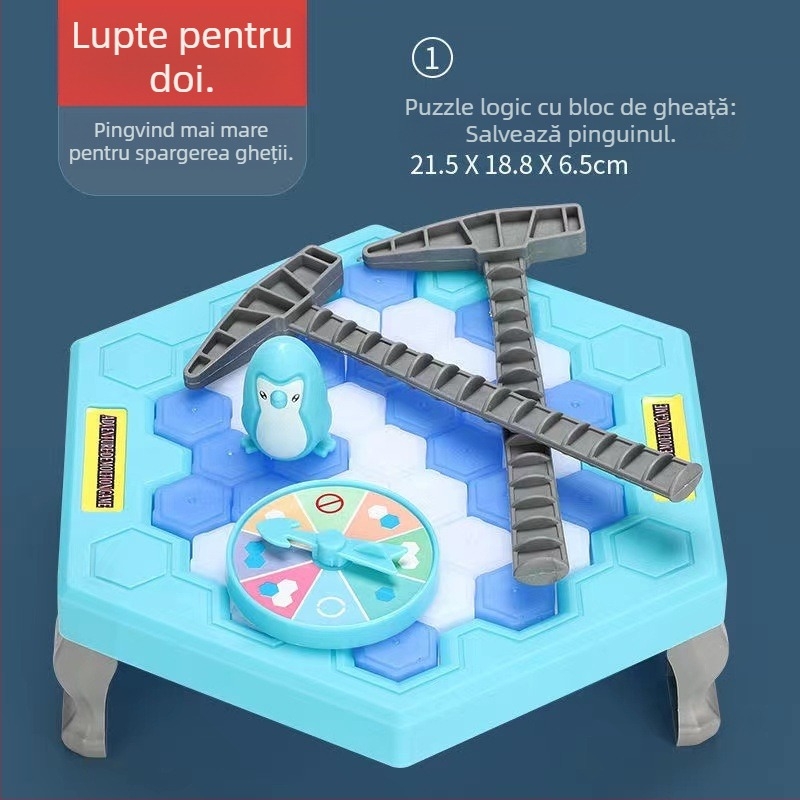 Joc de familie interactiv pentru copii: Salvarea pinguinului și lovirea gheții — din plastic; dezvoltă abilități vizuale și intelectuale, coordonare mână-ochi; interacțiune părinte-copil; pentru vârste 4-6, 7-14 și 15-35.