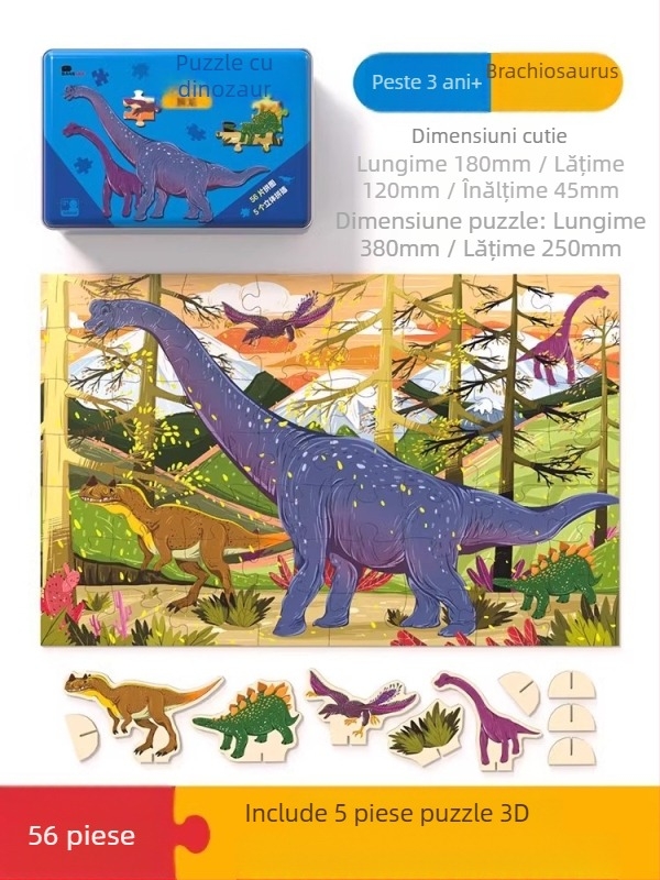 Puzzle cu dinozauri pentru copii – puzzle plat, 100/200/300 piese, hârtie, poate fi montat DIY, pentru copii 4–6 ani