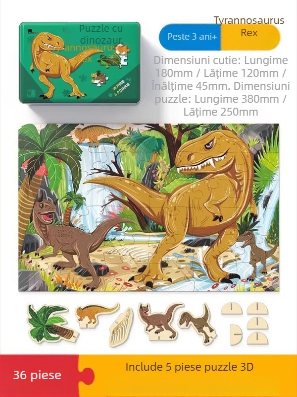 Puzzle cu dinozauri pentru copii – puzzle plat, 100/200/300 piese, hârtie, poate fi montat DIY, pentru copii 4–6 ani