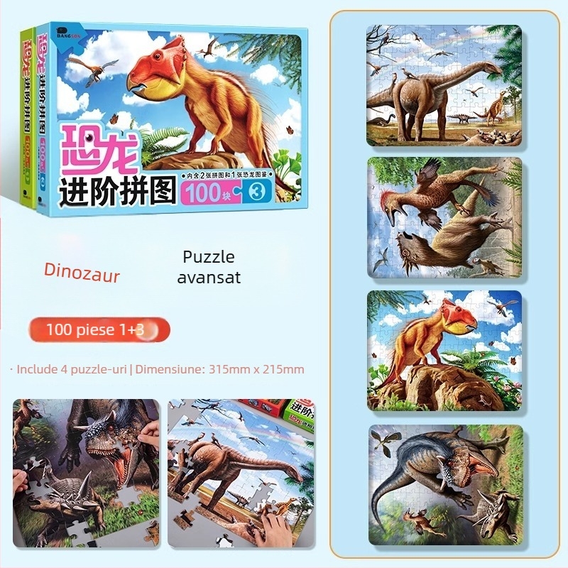 Puzzle cu dinozauri pentru copii – puzzle plat, 100/200/300 piese, hârtie, poate fi montat DIY, pentru copii 4–6 ani
