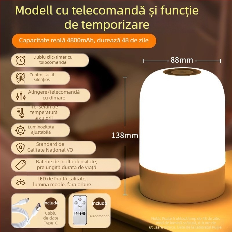 Lampa de noapte LED cu control tactil, alimentare pe baterie, abajur din plastic, model Y2020