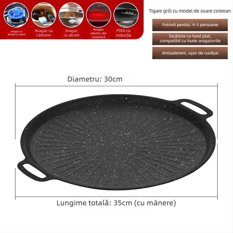 Grill pan cu Maifan piatră, stil coreean Teppanyaki, rotund din fier, portabil, antiaderent