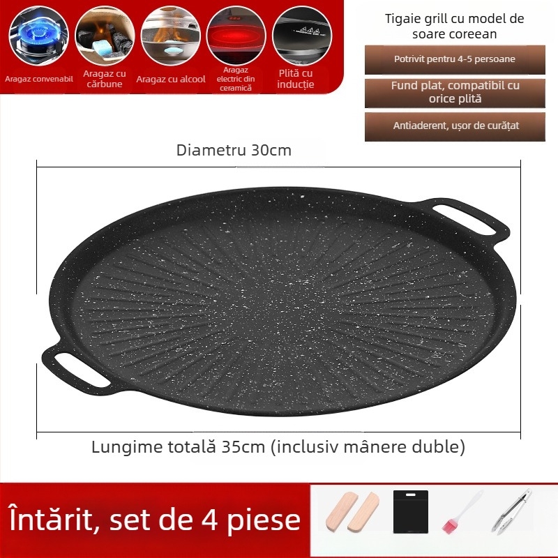 Grill pan cu Maifan piatră, stil coreean Teppanyaki, rotund din fier, portabil, antiaderent