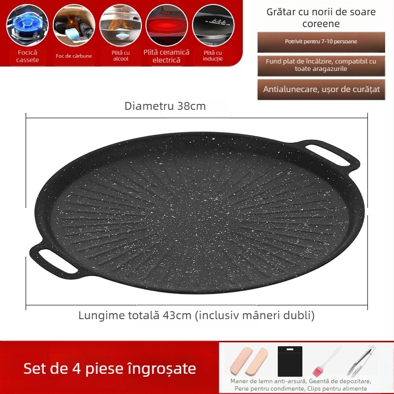Grill pan cu Maifan piatră, stil coreean Teppanyaki, rotund din fier, portabil, antiaderent