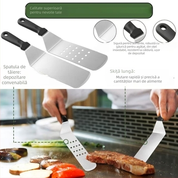 Set de scule pentru grătar din oțel inoxidabil, 18 piese, cu mâner din lemn, pentru gătit teppanyaki în aer liber; include clip, perie, furculiță și spatulă