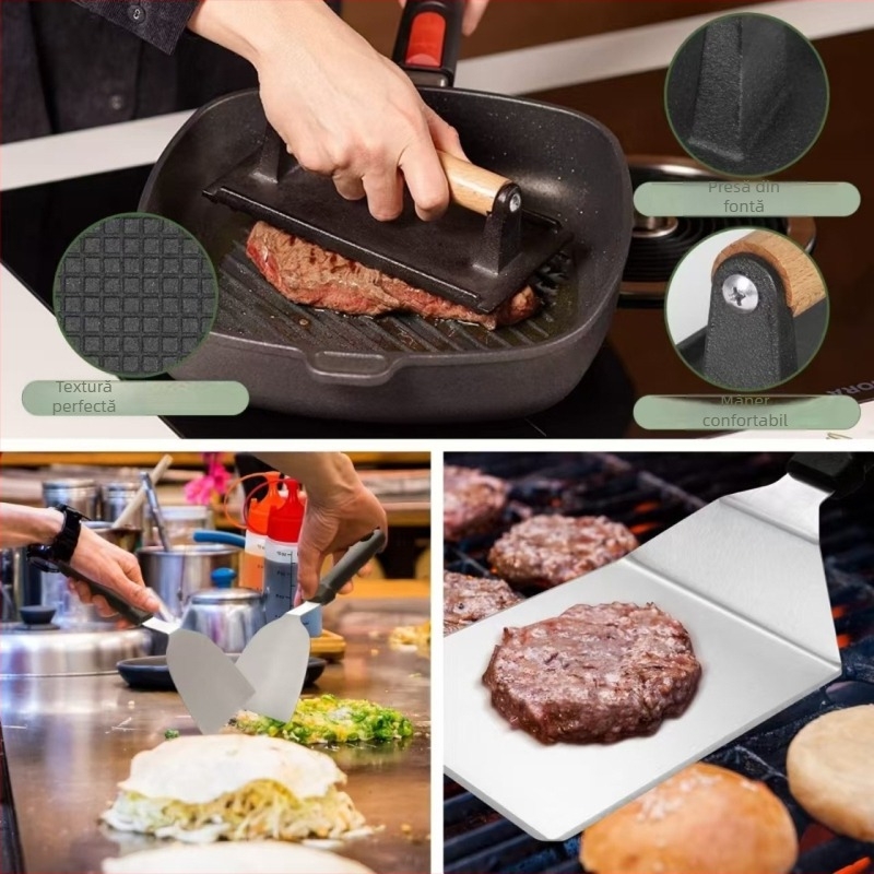 Set de scule pentru grătar din oțel inoxidabil, 18 piese, cu mâner din lemn, pentru gătit teppanyaki în aer liber; include clip, perie, furculiță și spatulă
