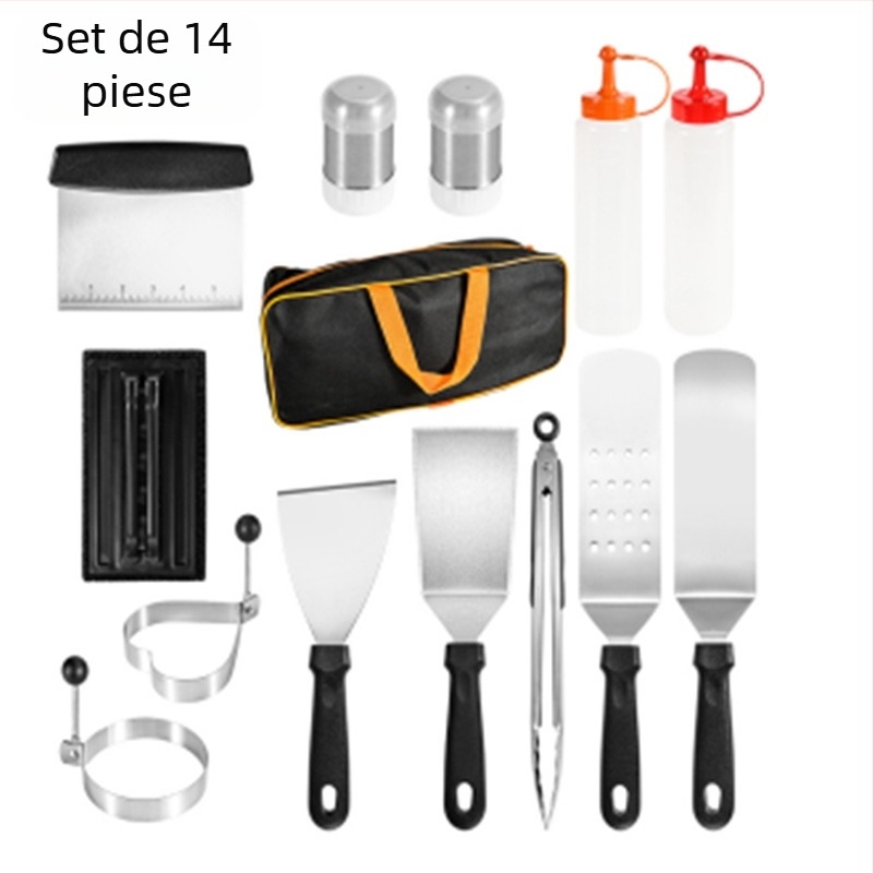 Set de scule pentru grătar din oțel inoxidabil, 18 piese, cu mâner din lemn, pentru gătit teppanyaki în aer liber; include clip, perie, furculiță și spatulă