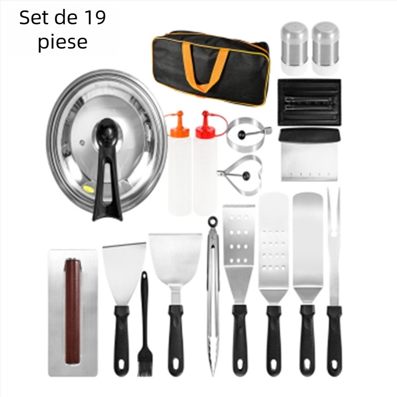 Set de scule pentru grătar din oțel inoxidabil, 18 piese, cu mâner din lemn, pentru gătit teppanyaki în aer liber; include clip, perie, furculiță și spatulă