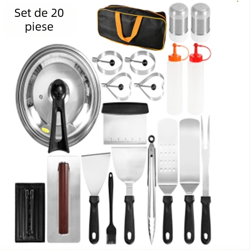 Set de scule pentru grătar din oțel inoxidabil, 18 piese, cu mâner din lemn, pentru gătit teppanyaki în aer liber; include clip, perie, furculiță și spatulă