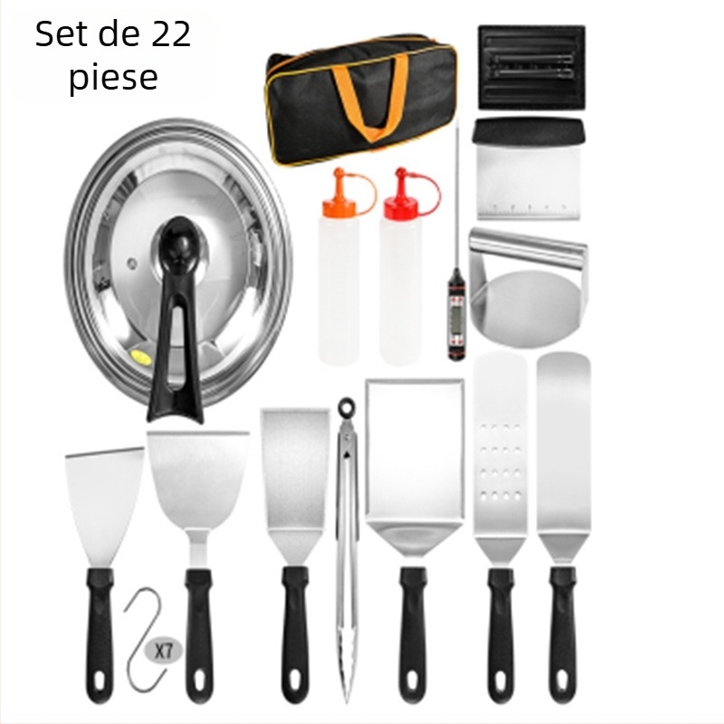 Set de scule pentru grătar din oțel inoxidabil, 18 piese, cu mâner din lemn, pentru gătit teppanyaki în aer liber; include clip, perie, furculiță și spatulă