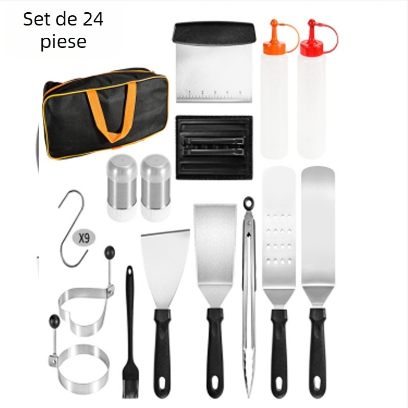 Set de scule pentru grătar din oțel inoxidabil, 18 piese, cu mâner din lemn, pentru gătit teppanyaki în aer liber; include clip, perie, furculiță și spatulă