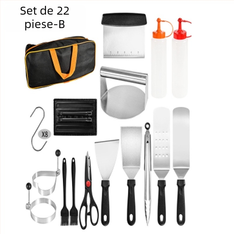 Set de scule pentru grătar din oțel inoxidabil, 18 piese, cu mâner din lemn, pentru gătit teppanyaki în aer liber; include clip, perie, furculiță și spatulă