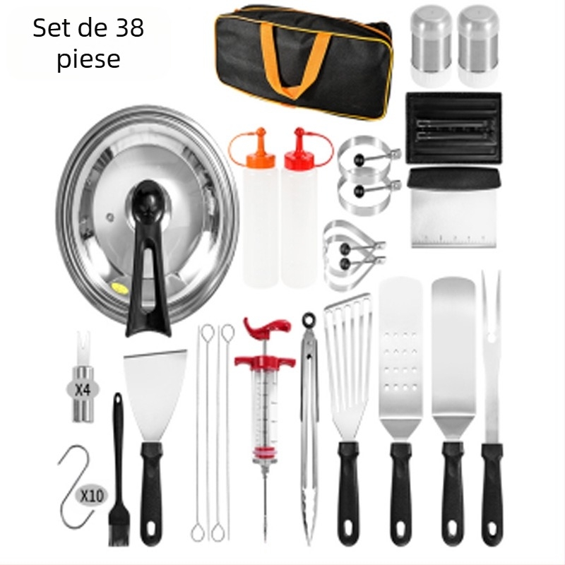 Set de scule pentru grătar din oțel inoxidabil, 18 piese, cu mâner din lemn, pentru gătit teppanyaki în aer liber; include clip, perie, furculiță și spatulă