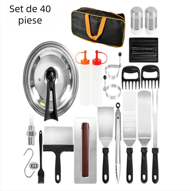 Set de scule pentru grătar din oțel inoxidabil, 18 piese, cu mâner din lemn, pentru gătit teppanyaki în aer liber; include clip, perie, furculiță și spatulă