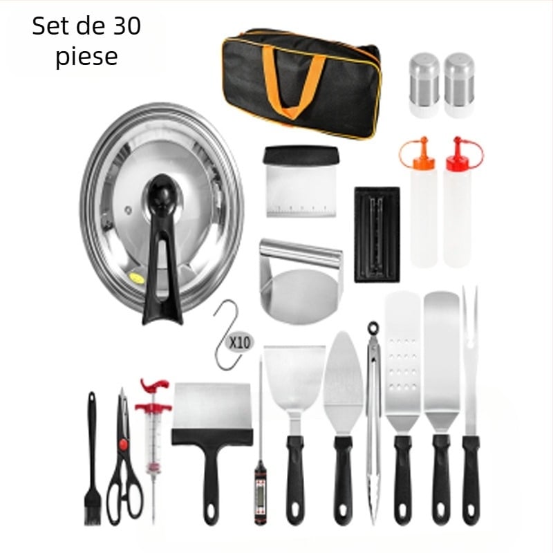 Set de scule pentru grătar din oțel inoxidabil, 18 piese, cu mâner din lemn, pentru gătit teppanyaki în aer liber; include clip, perie, furculiță și spatulă