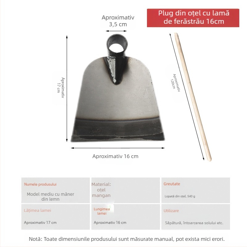 Lopată de grădină din oțel mangan cu cap îmbunătățit, pentru săpat, smulgerea buruienilor și întoarcerea solului