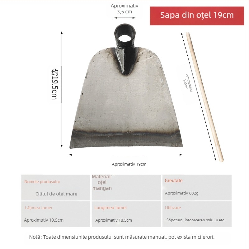 Lopată de grădină din oțel mangan cu cap îmbunătățit, pentru săpat, smulgerea buruienilor și întoarcerea solului