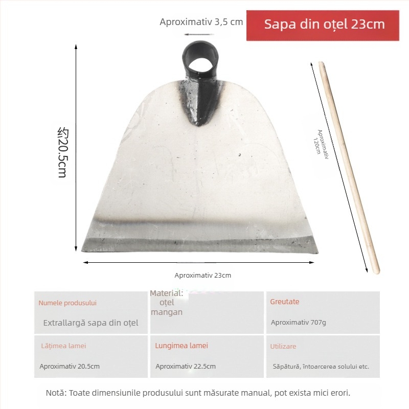 Lopată de grădină din oțel mangan cu cap îmbunătățit, pentru săpat, smulgerea buruienilor și întoarcerea solului