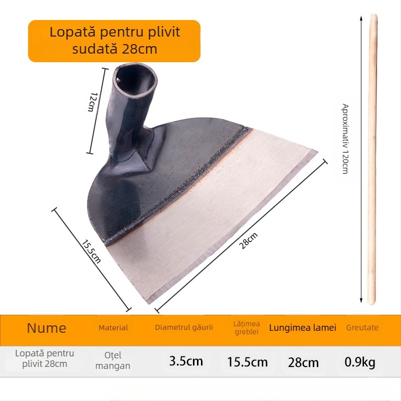 Lopată de grădină din oțel mangan cu cap îmbunătățit, pentru săpat, smulgerea buruienilor și întoarcerea solului
