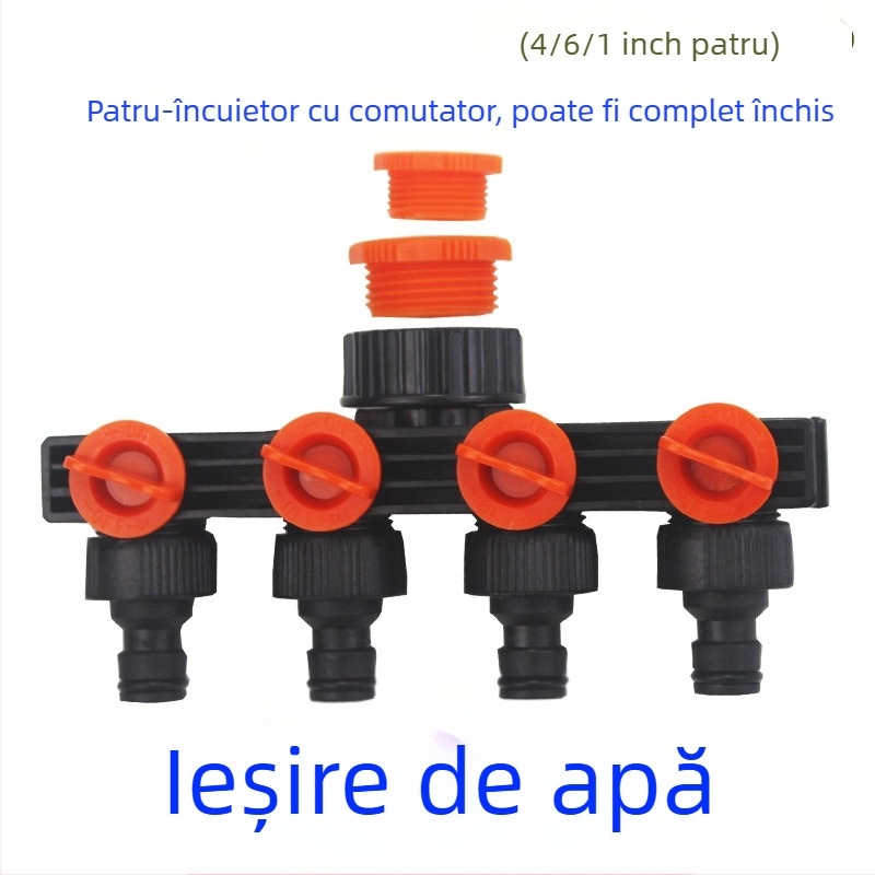 Deo conector din plastic pentru conducte de apă – distribuitor 1 la 4 cu întrerupător, pentru irigații în grădină
