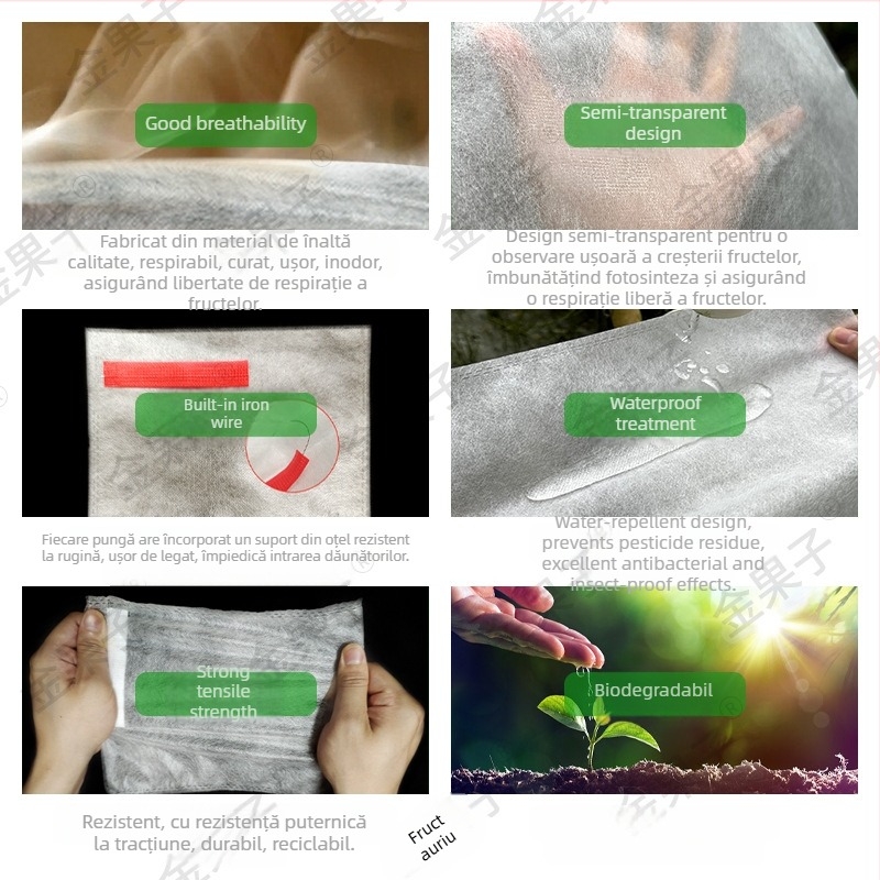 Sac de fructe din material nețesut, anti-insecte, respirant, semi-transparent, biodegradabil