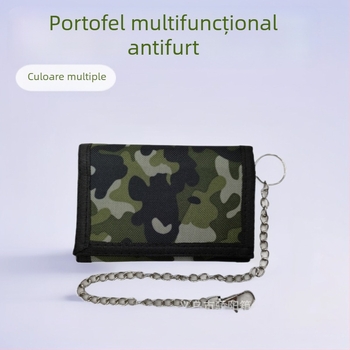 Portofel anti-furt, multifuncțional, cu închidere Velcro, design orizontal scurt, din poliester; clips pentru bancnote, fereastră pentru ID, buzunare pentru carduri și buzunar cu fermoar.