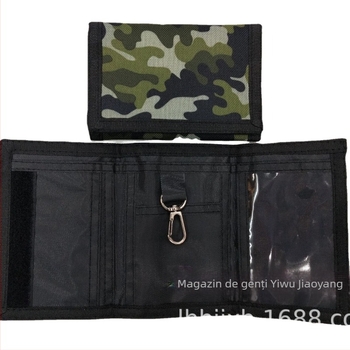 Portofel anti-furt, multifuncțional, cu închidere Velcro, design orizontal scurt, din poliester; clips pentru bancnote, fereastră pentru ID, buzunare pentru carduri și buzunar cu fermoar.