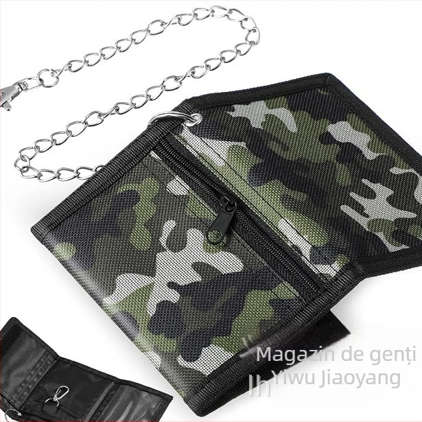 Portofel anti-furt, multifuncțional, cu închidere Velcro, design orizontal scurt, din poliester; clips pentru bancnote, fereastră pentru ID, buzunare pentru carduri și buzunar cu fermoar.